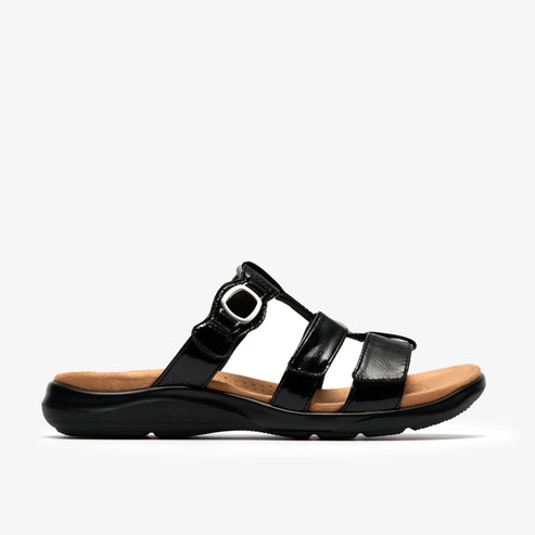 Black slide sandals with three straps and a buckle