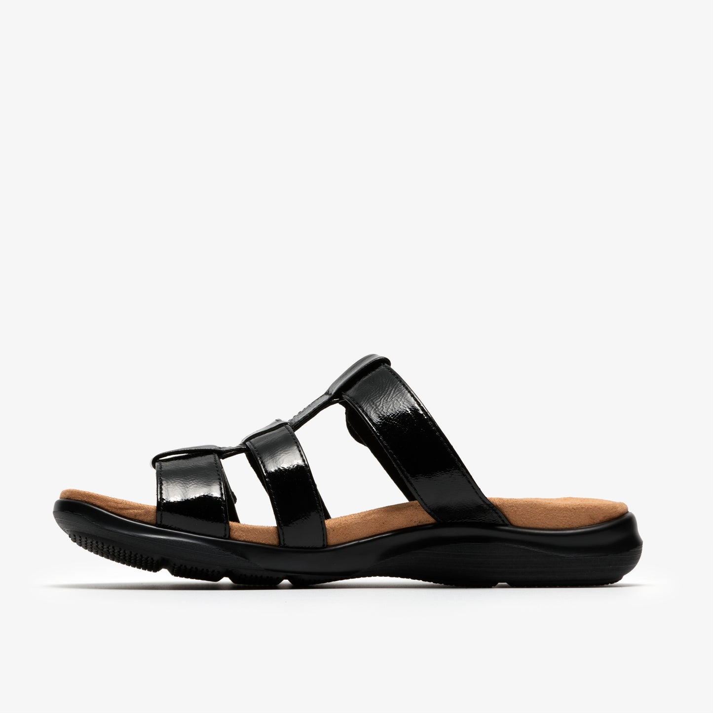 Black slide sandal with a patent leather-like finish, featuring multiple straps across the foot.