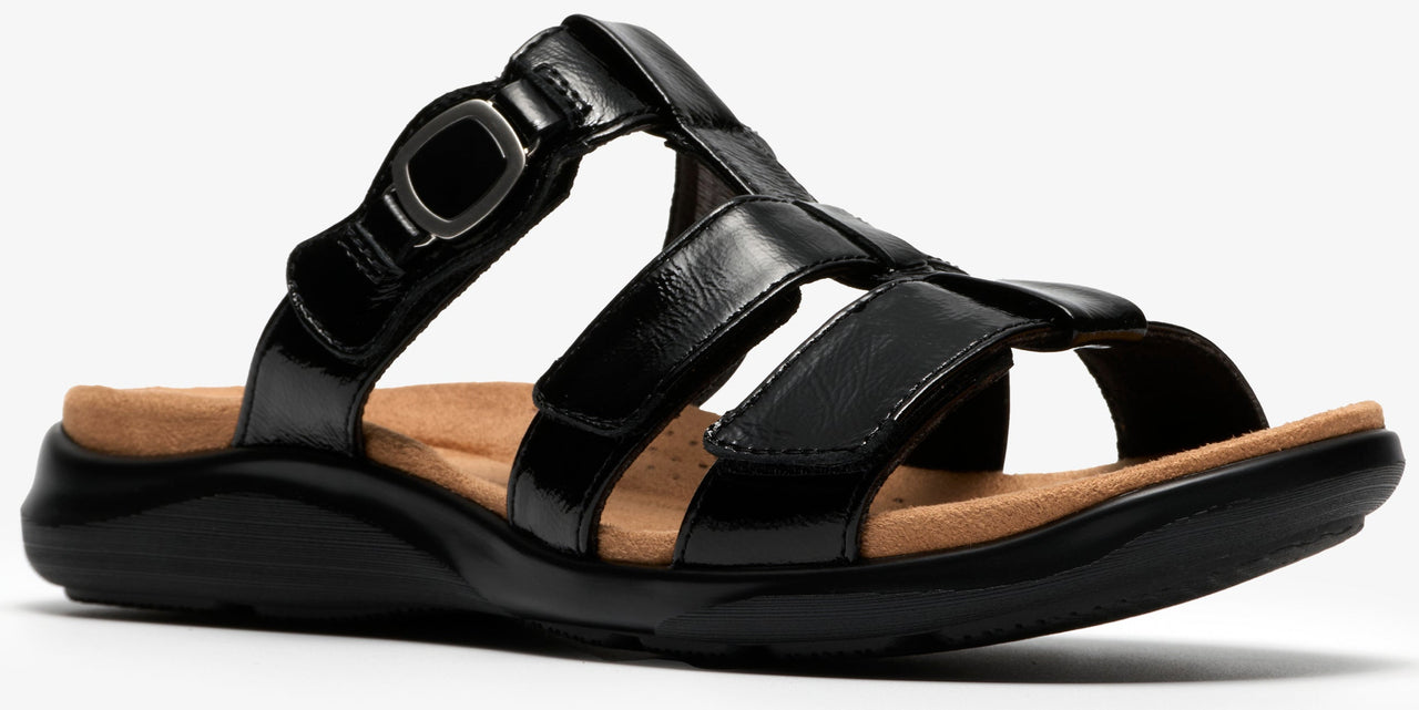 Black sandal with multiple straps and adjustable buckle.