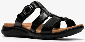 Black sandal with multiple straps and adjustable buckle.