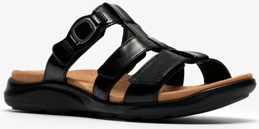 Black sandal with multiple straps and adjustable buckle.