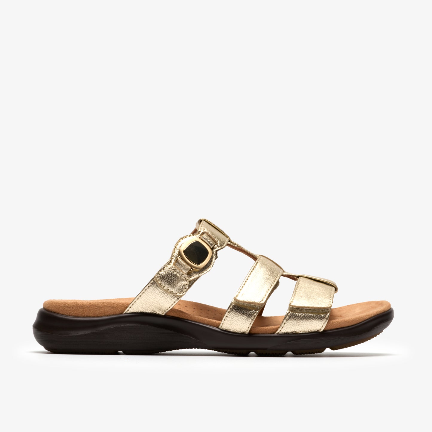 Gold sandal with adjustable buckle and three straps.