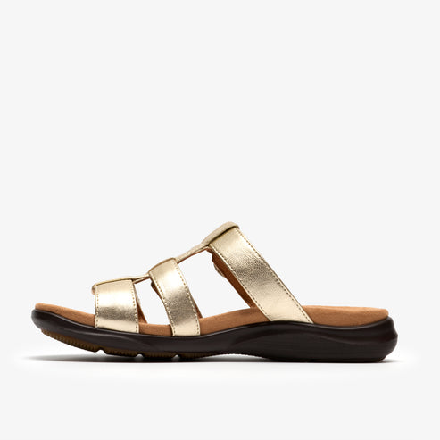 Gold slide sandal with three straps.