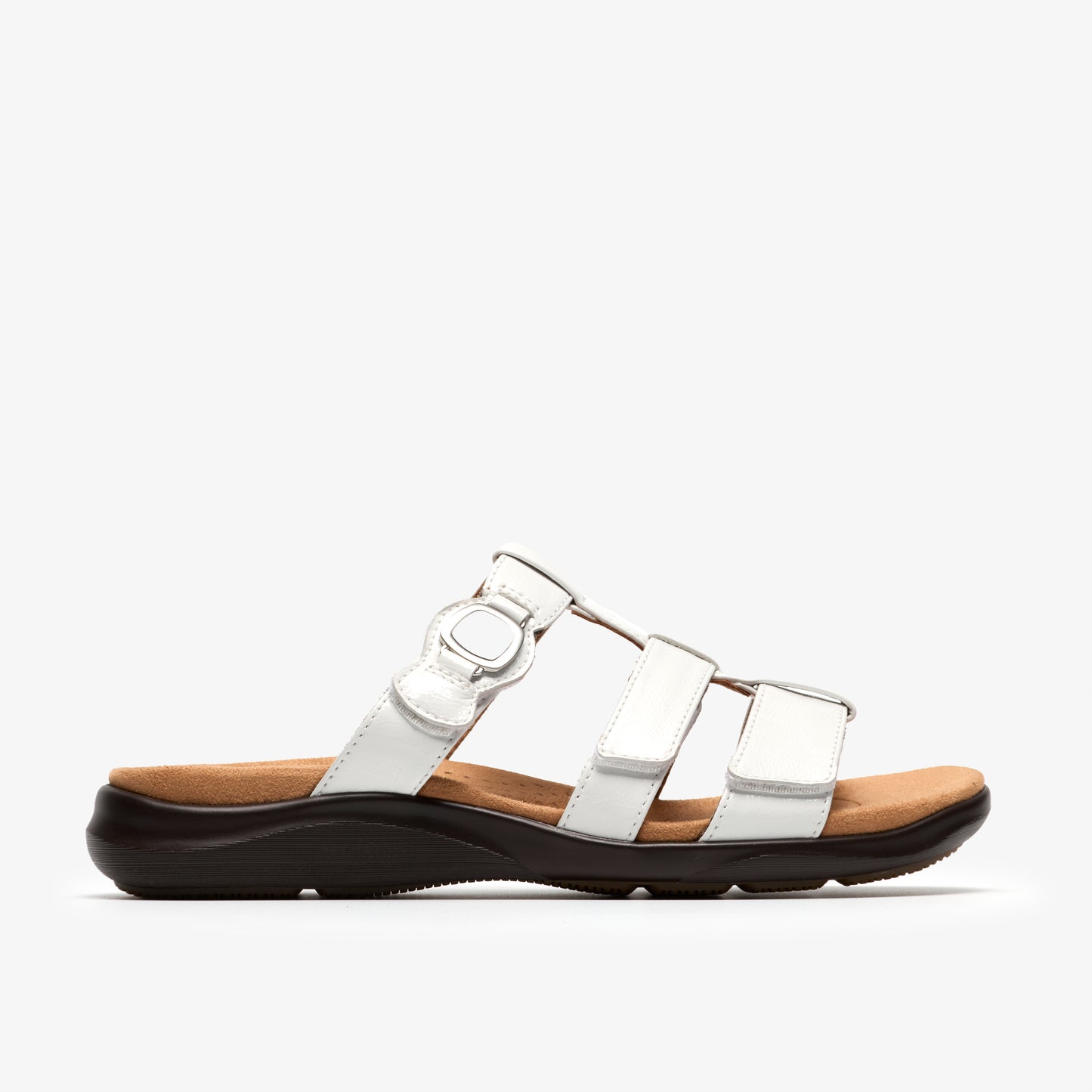 A white sandal with three adjustable straps and decorative accents.