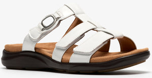 White sandal with brown insole and three adjustable straps.