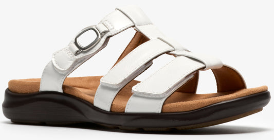 White sandal with brown insole and three adjustable straps.