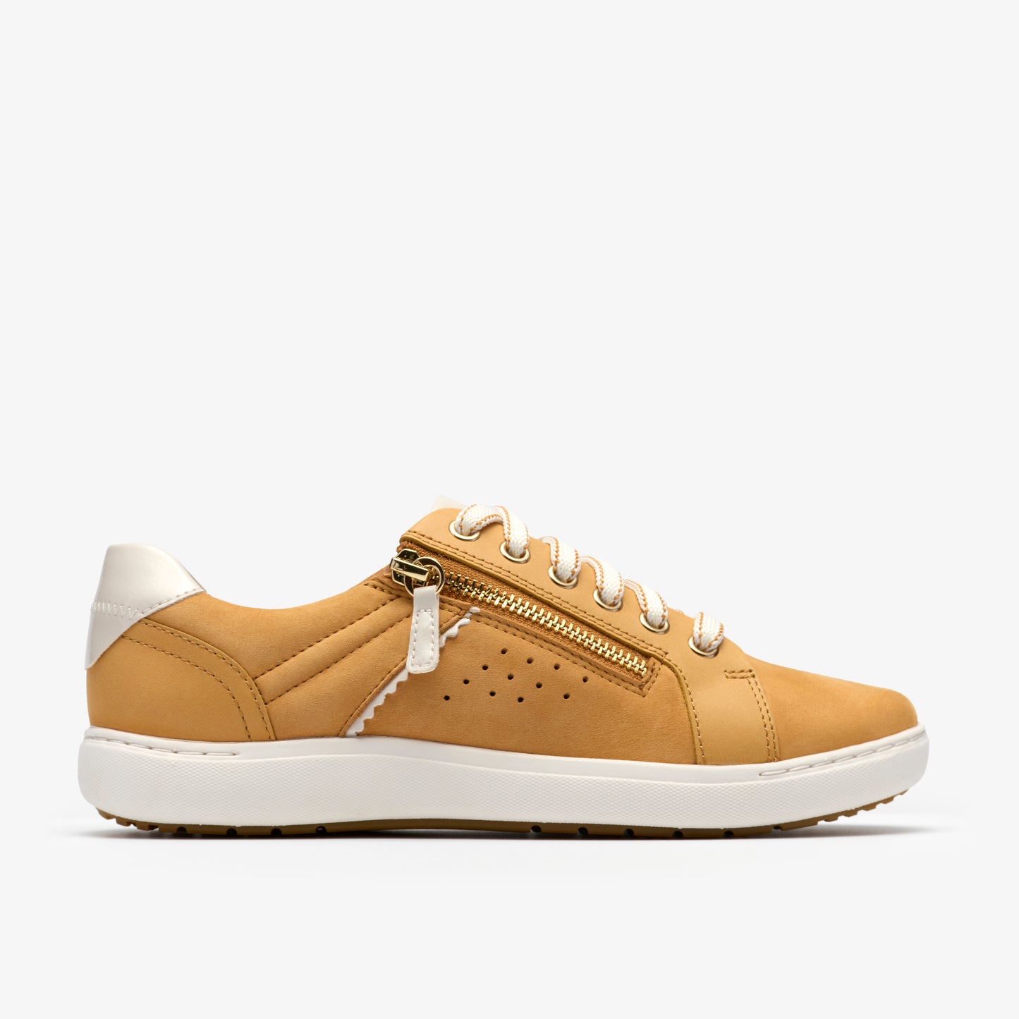 Tan sneaker with a zipper and white laces