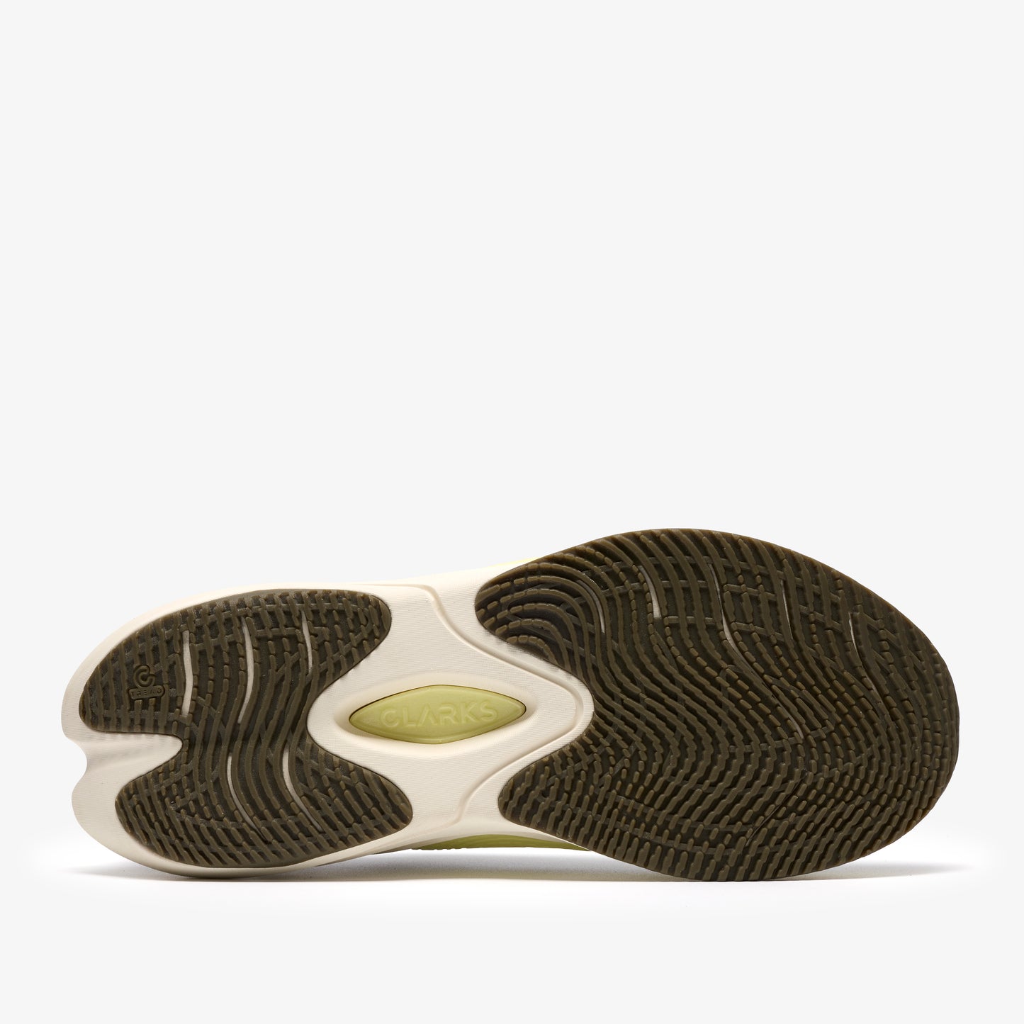 Bottom view of a green and off-white athletic shoe with a wavy tread pattern.