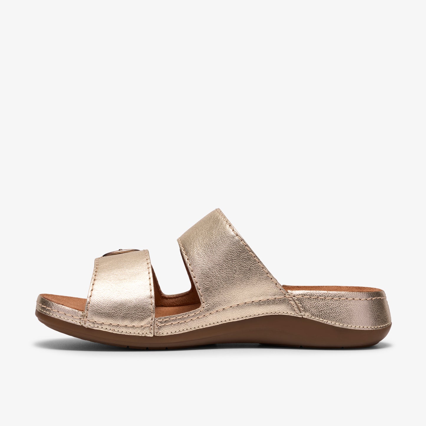 Gold sandal with two straps and adjustable buckle.