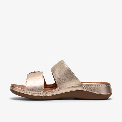 Gold sandal with two straps and adjustable buckle.