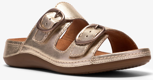 Gold sandal with two straps and buckle closures, with a brown sole.