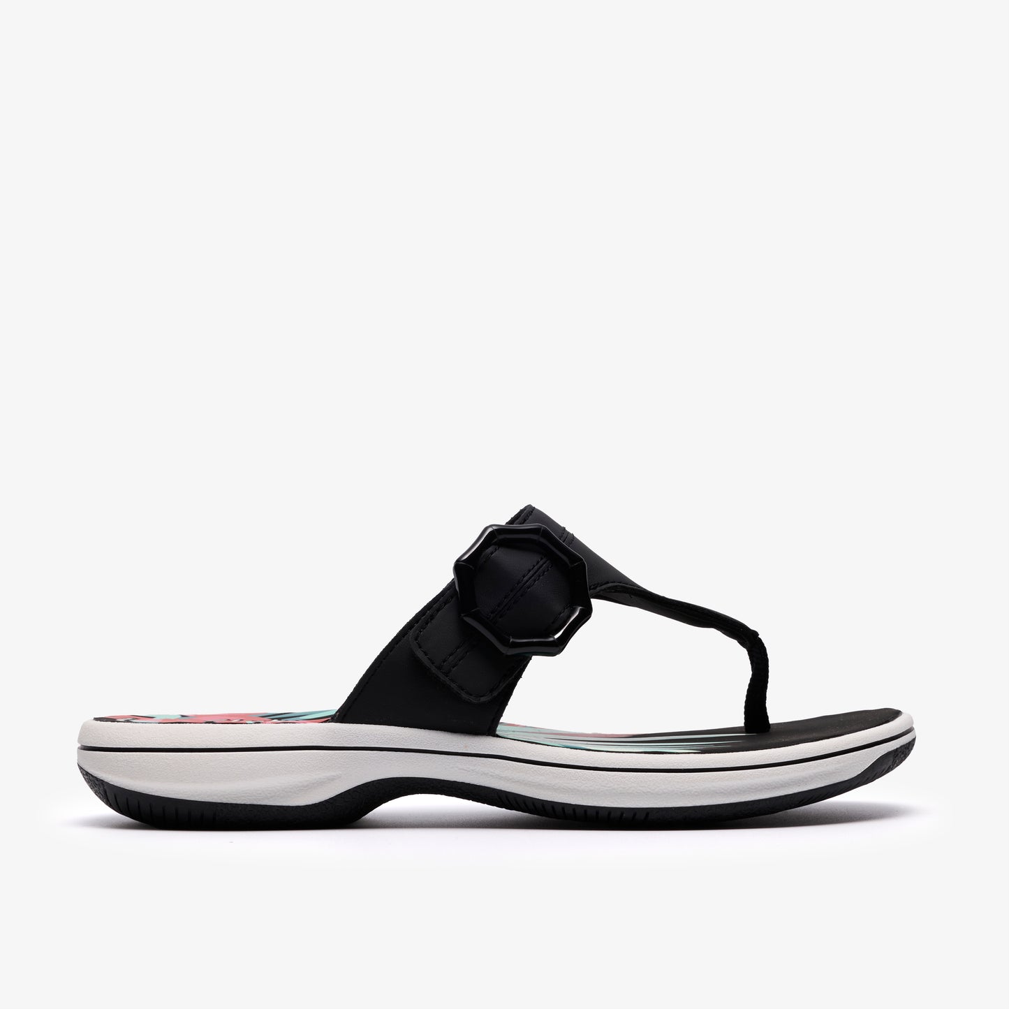 Black thong sandal with a decorative buckle.