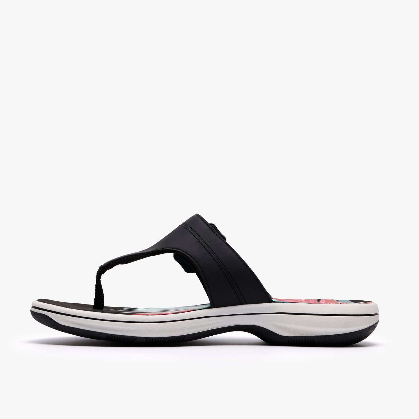 Black thong sandal with cushioned sole.