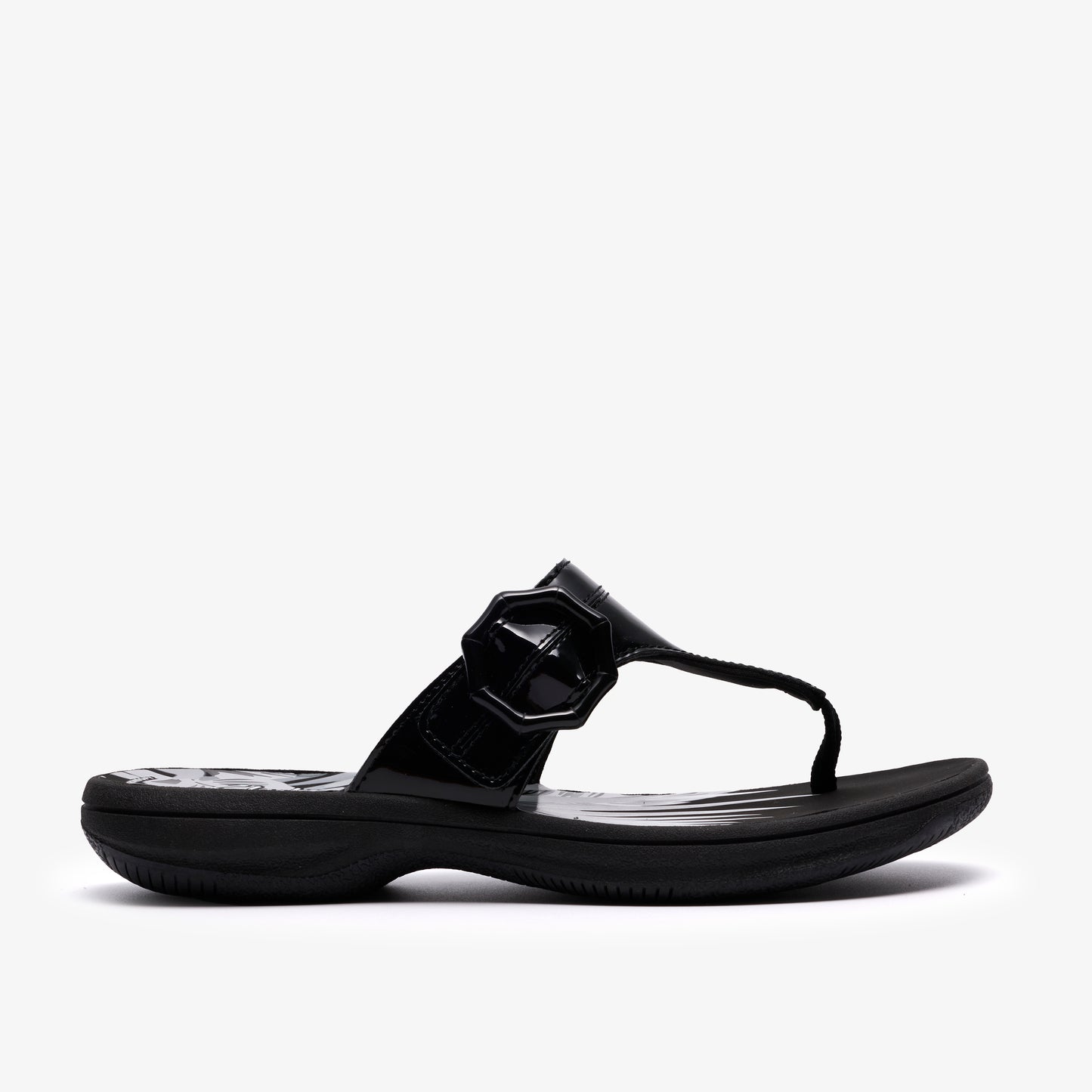 Black patent leather thong sandal with decorative buckle.