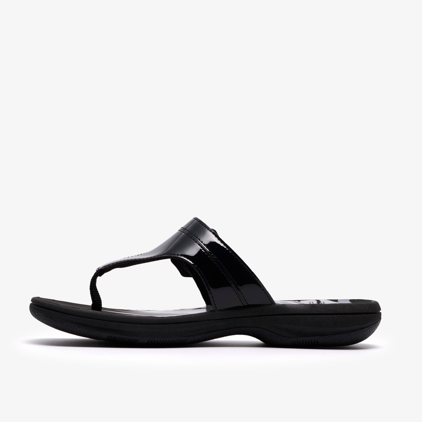 Black, patent leather thong sandal.