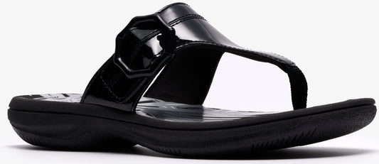 A black, shiny flip-flop sandal.