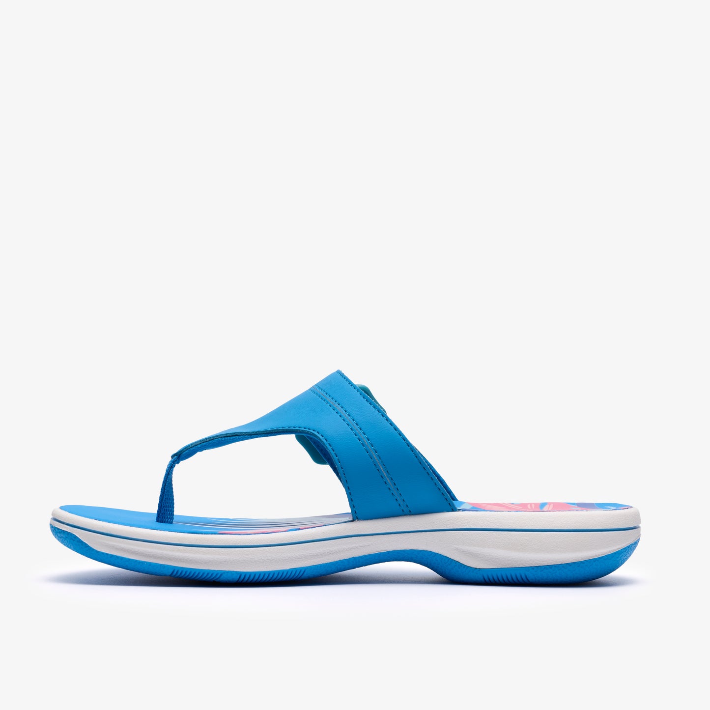Blue flip-flop with white sole.