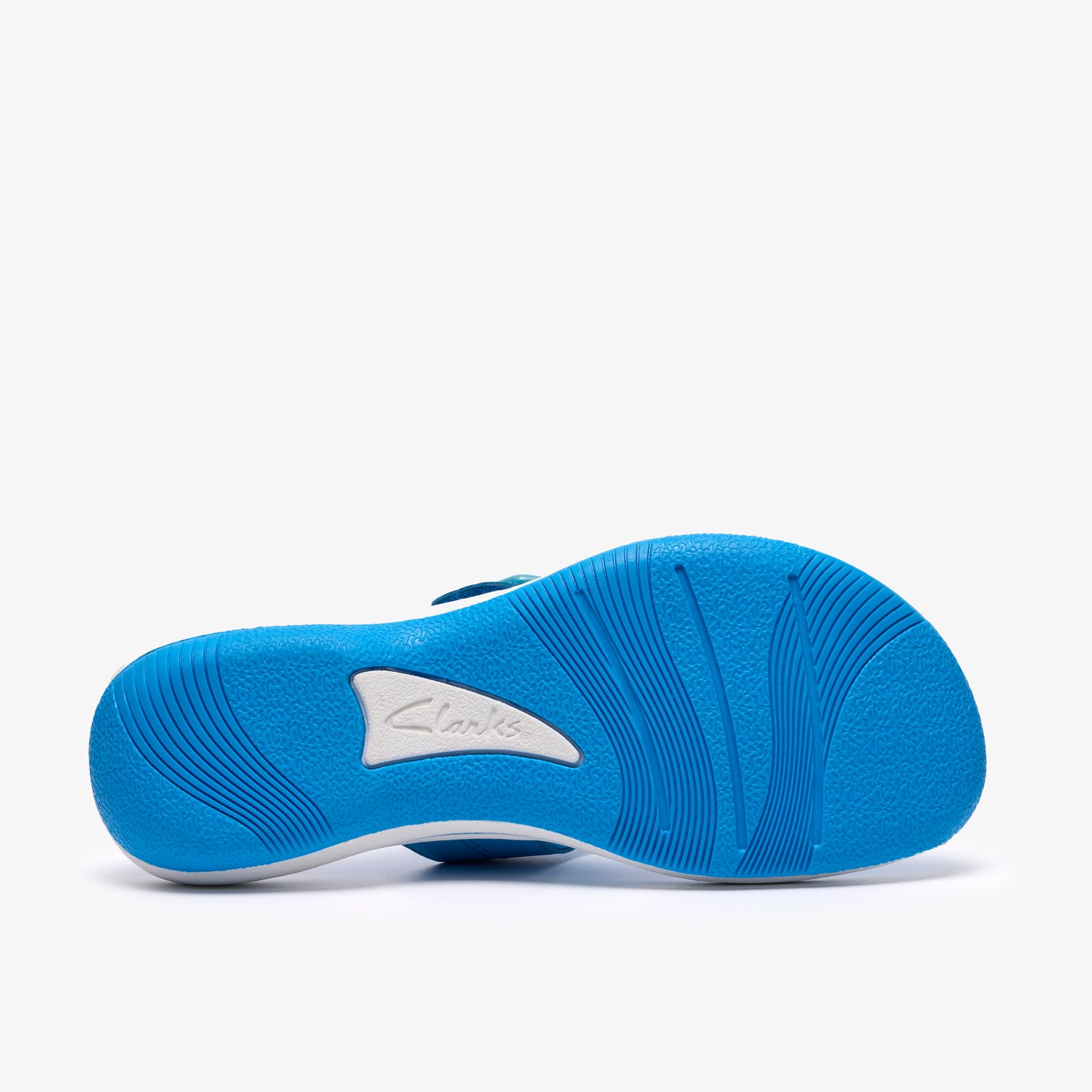 Bottom view of a blue sandal with 'clarks' logo.