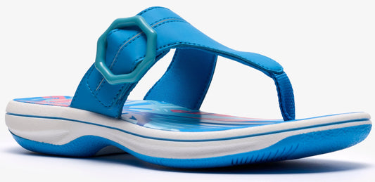 A blue sandal with a toe post and a decorative buckle.