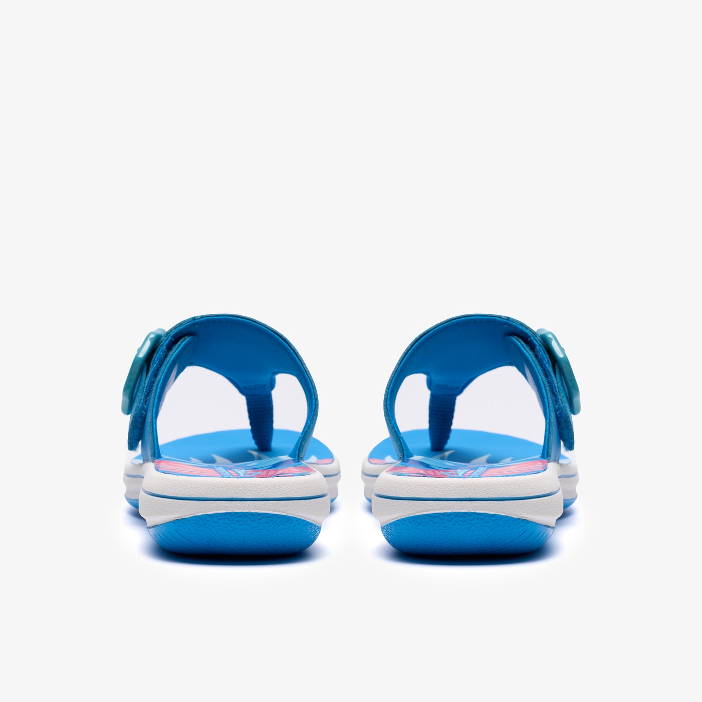 Pair of blue and white toddler flip-flops with blue straps, viewed from the back.