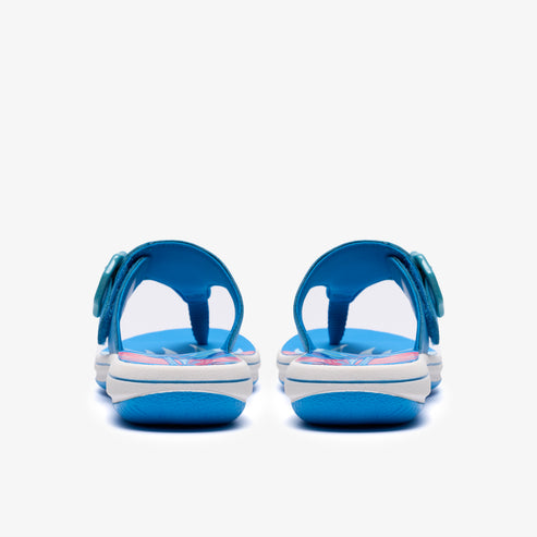 Pair of blue and white toddler flip-flops with blue straps, viewed from the back.