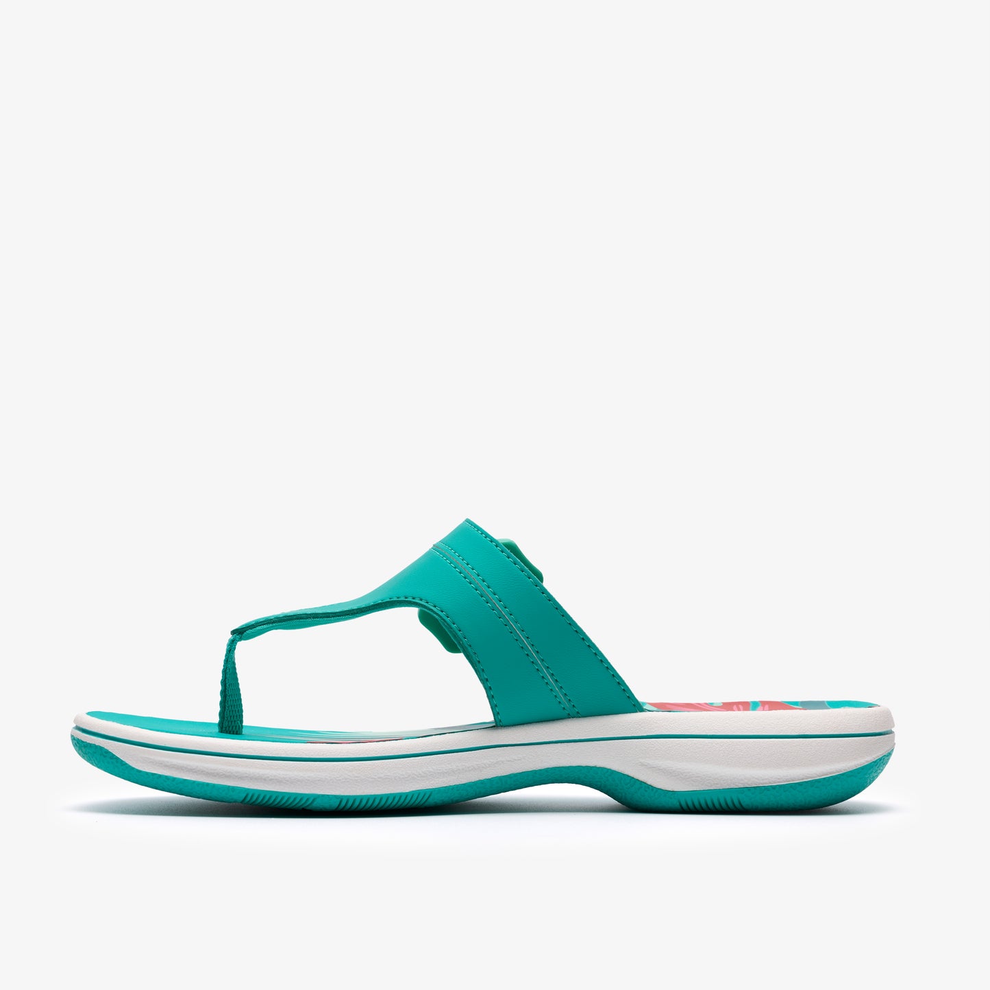 Turquoise sandal with a thong strap and a white sole.
