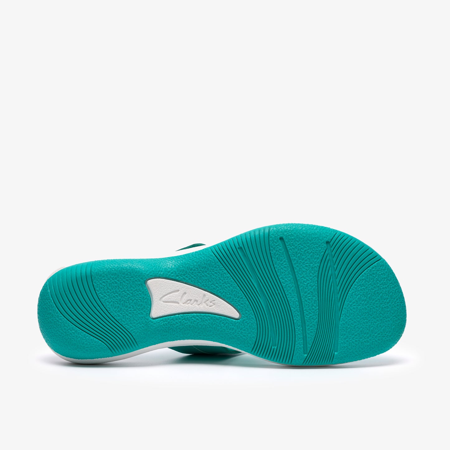 Bottom view of a bright teal sandal with the name Clarks visible on the sole.
