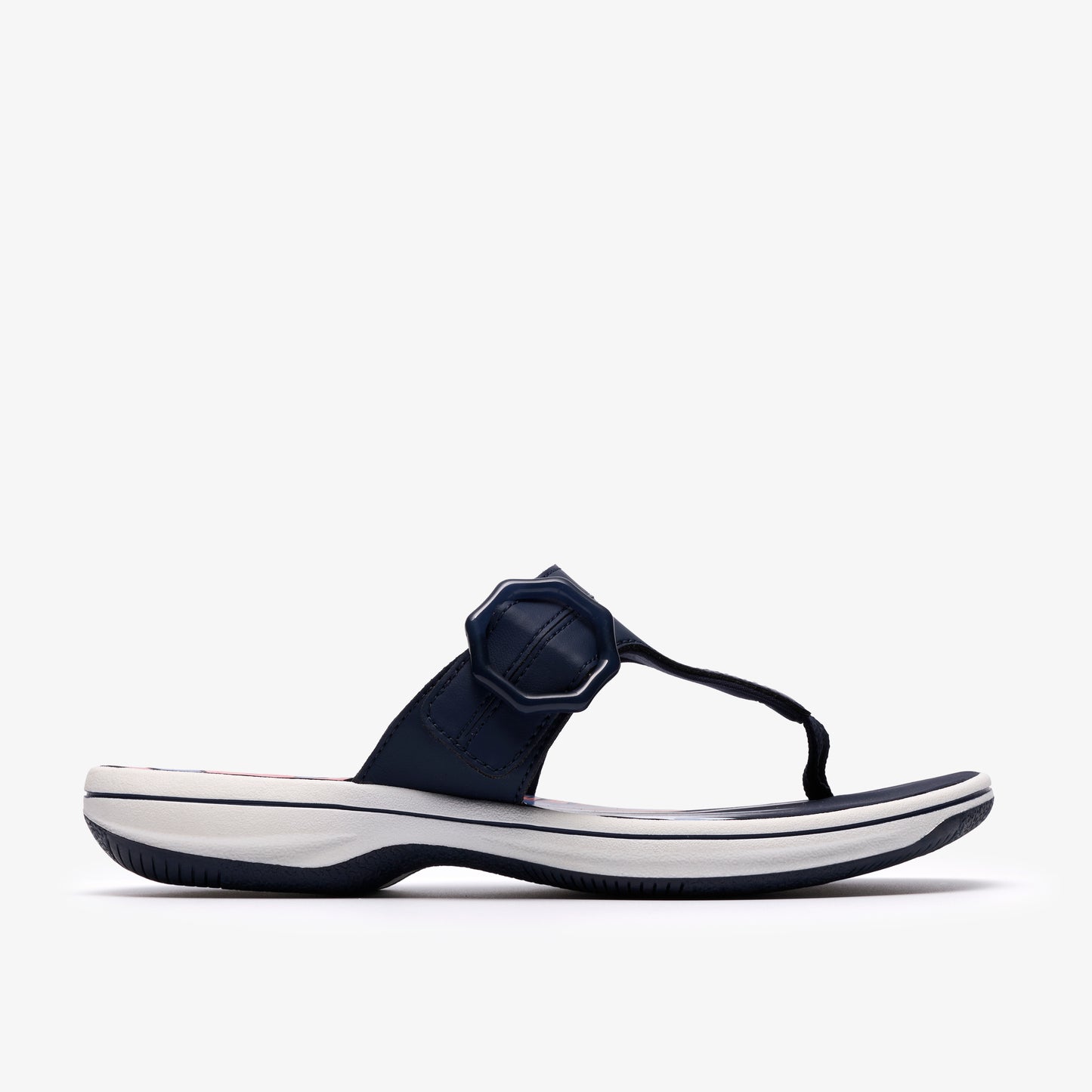 Navy blue thong sandal with an ornamental buckle.