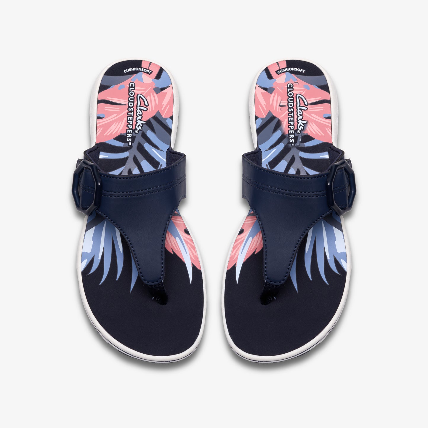 Navy thong sandals with a floral pattern footbed and adjustable buckle strap.