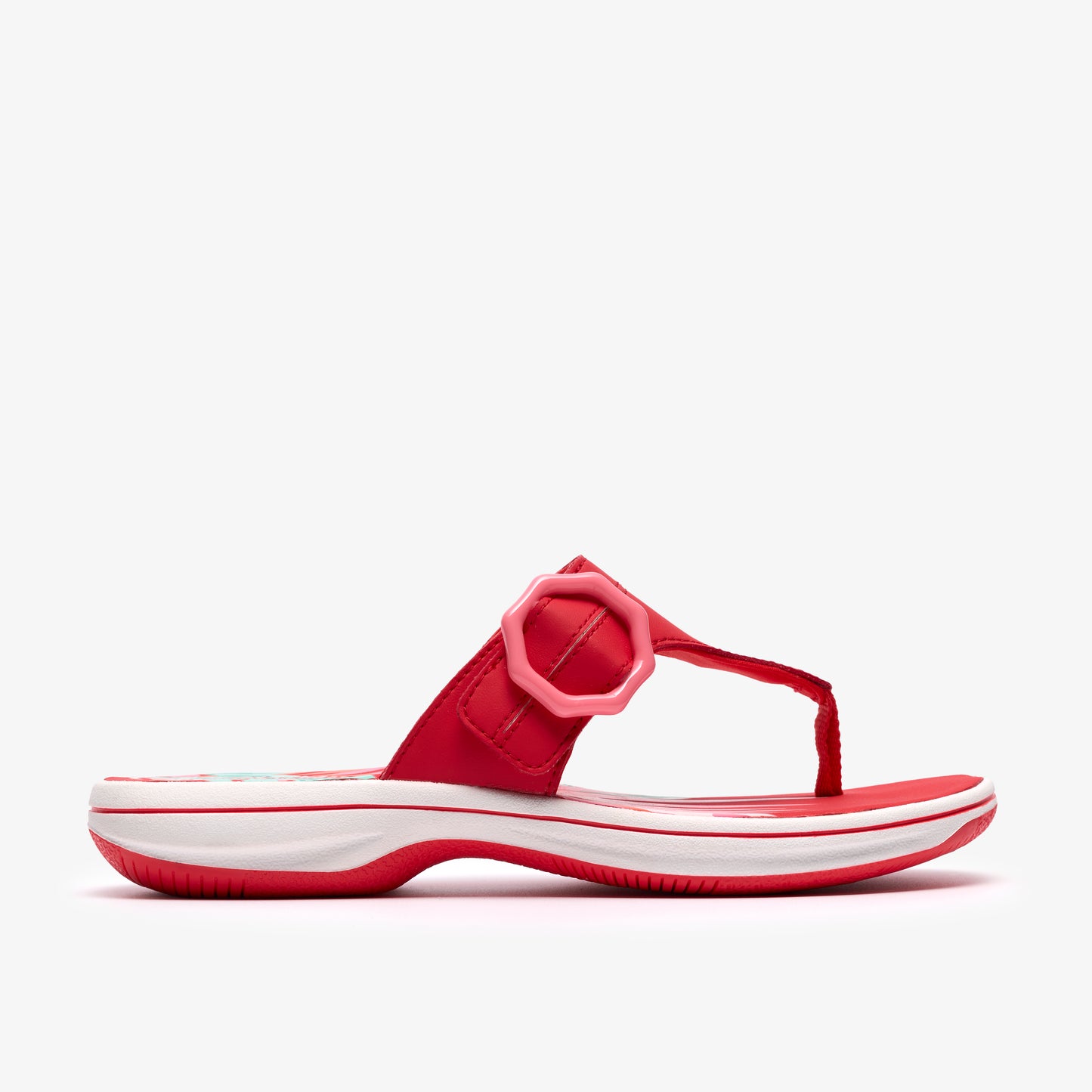 Red thong sandal with decorative buckle and white midsole