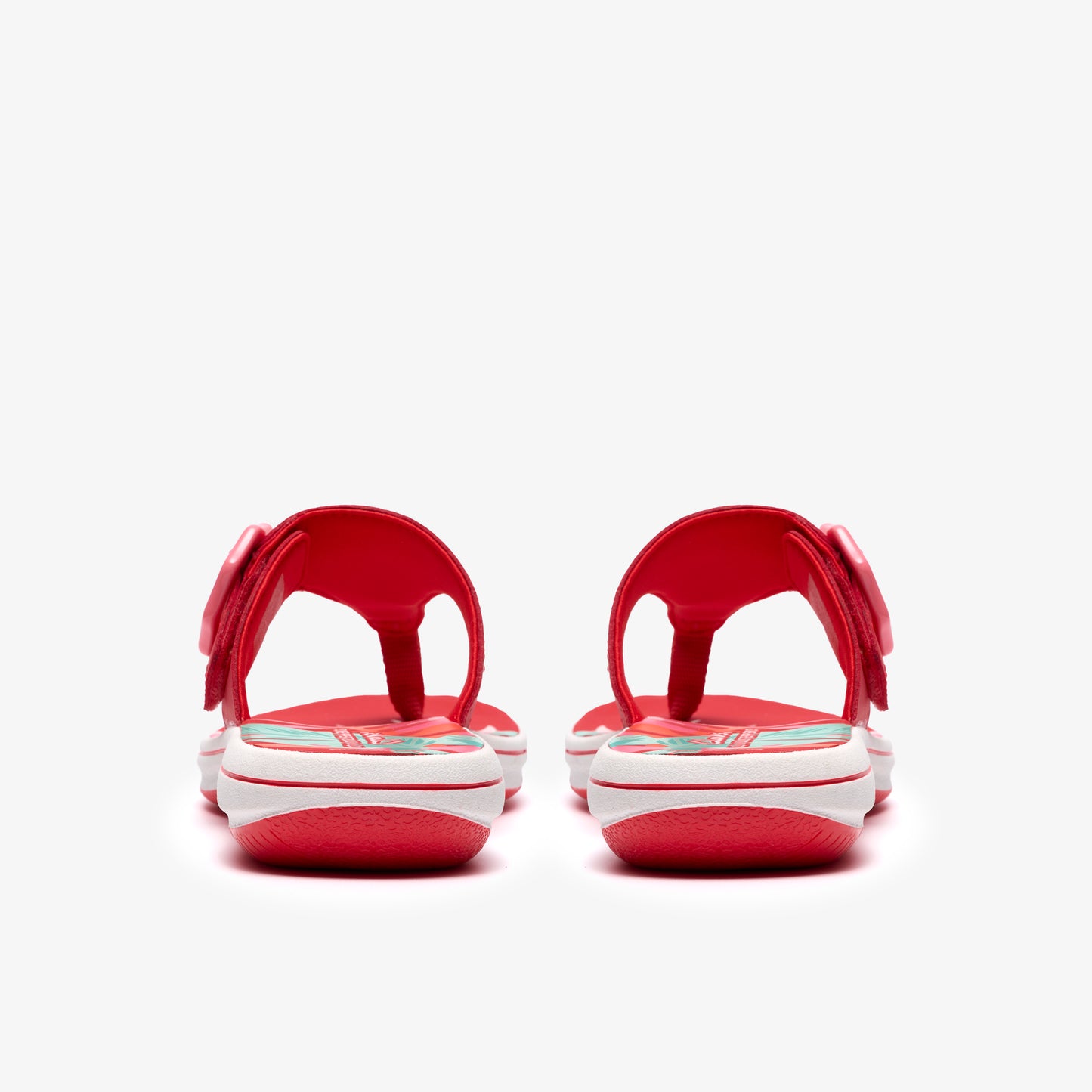 Pair of red and white toe post sandals with adjustable strap at the ankles.