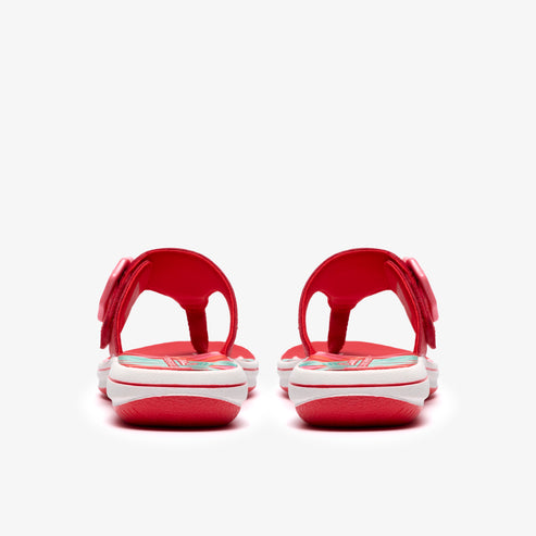 Pair of red and white toe post sandals with adjustable strap at the ankles.