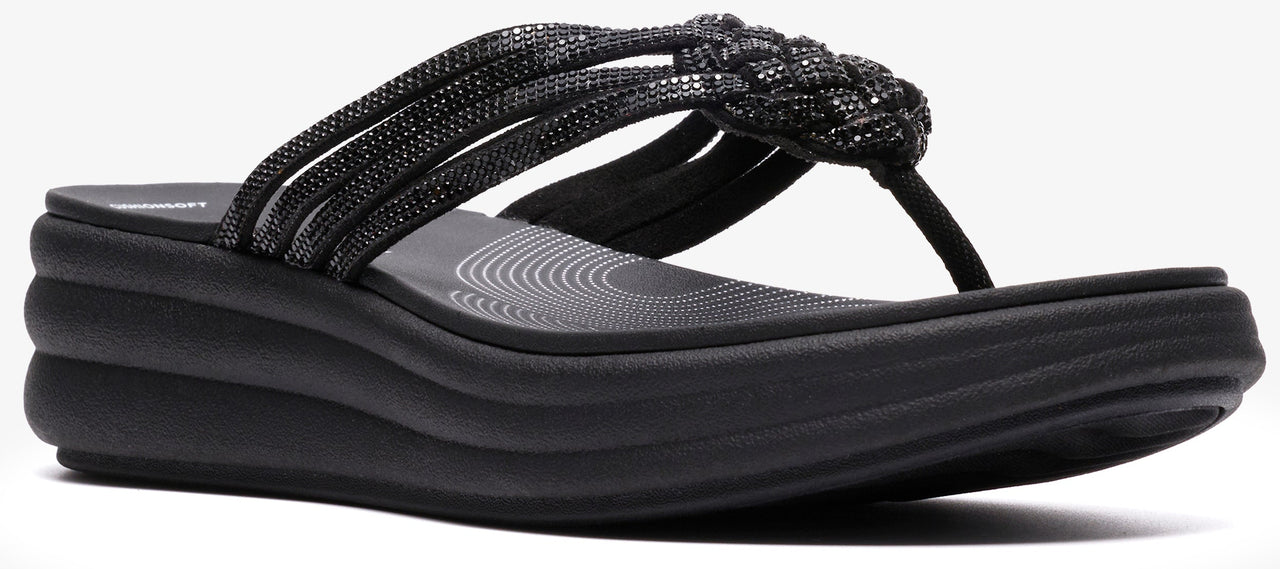 Black wedge sandal with multi-strap toe.