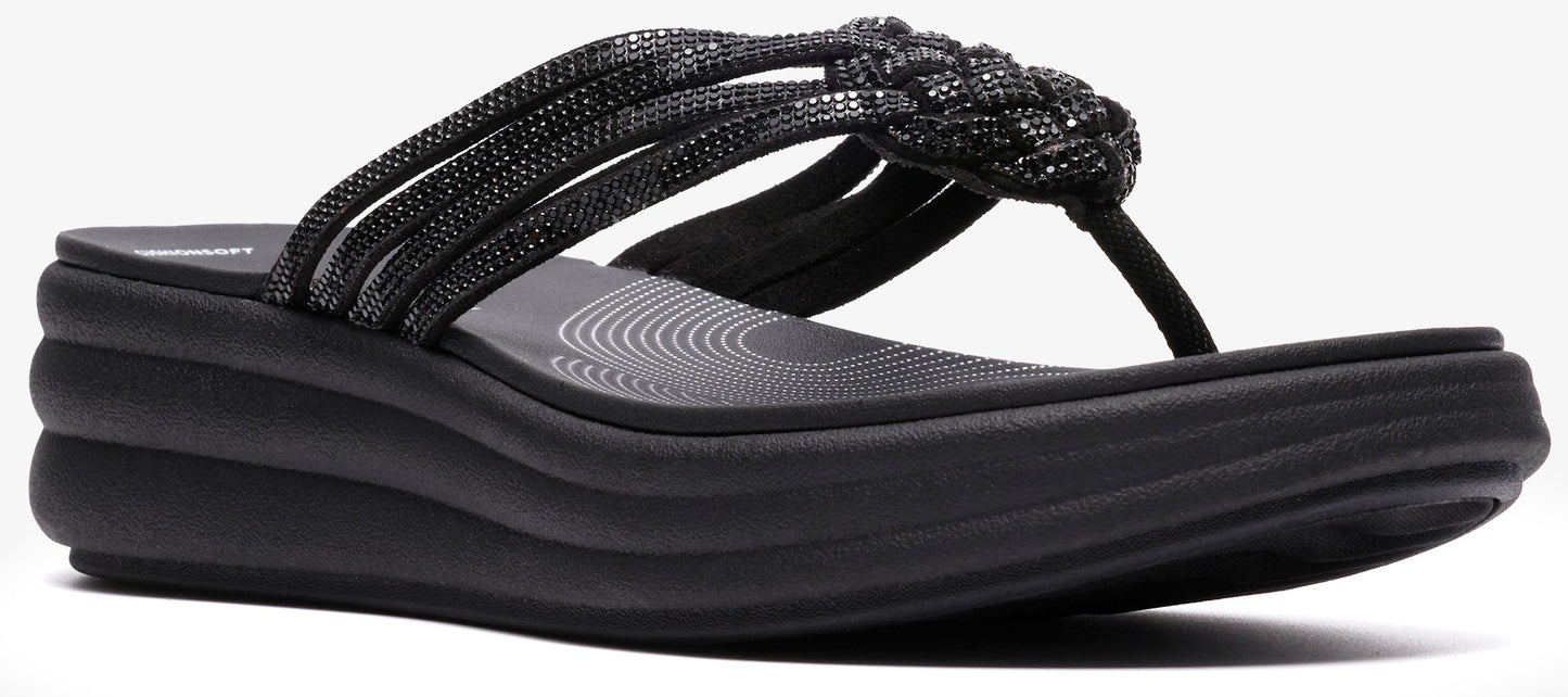 Black wedge sandal with multi-strap toe.