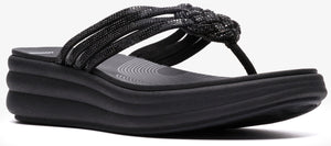 Black wedge sandal with multi-strap toe.
