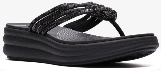 Black wedge sandal with multi-strap toe.