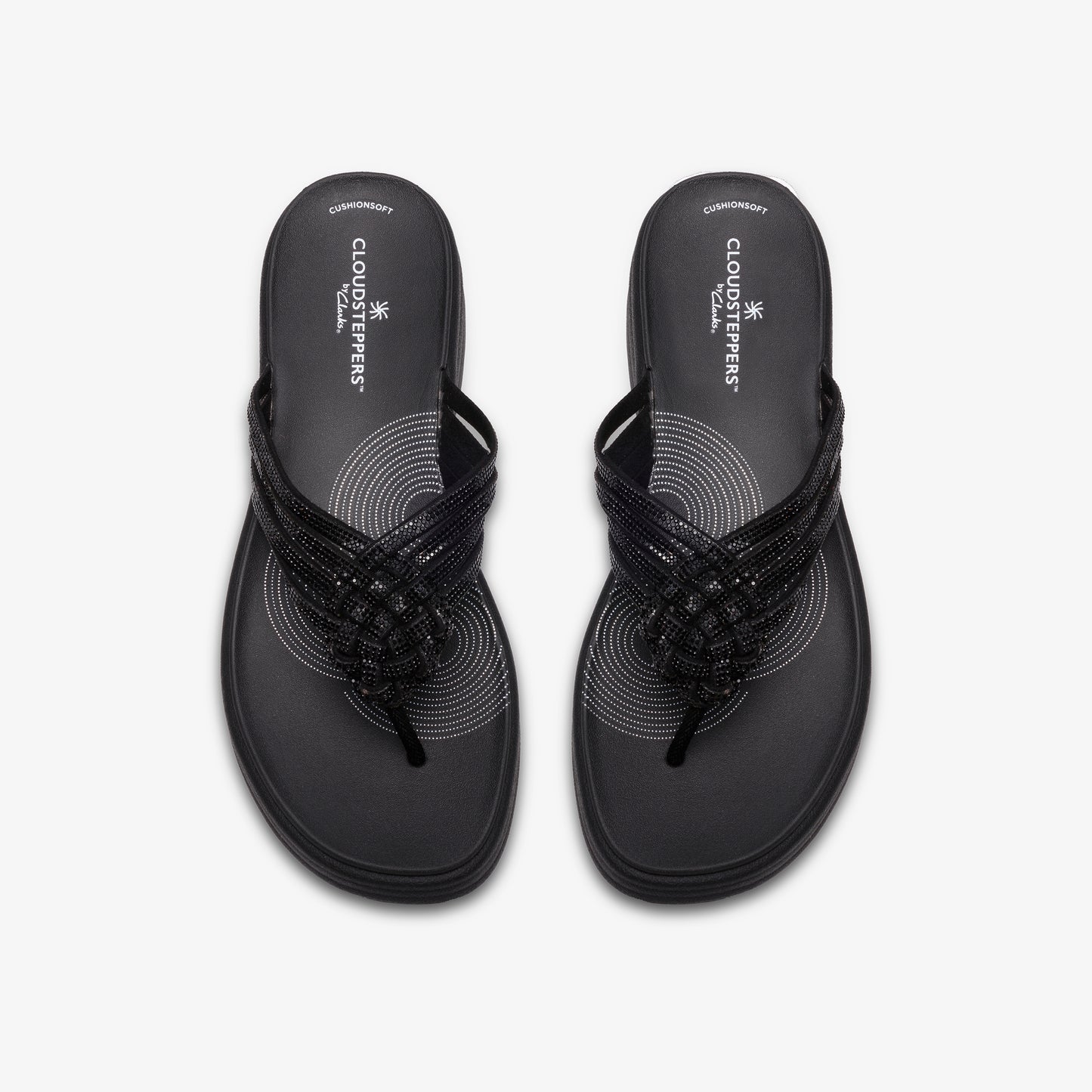 Pair of black thong sandals with interwoven straps.