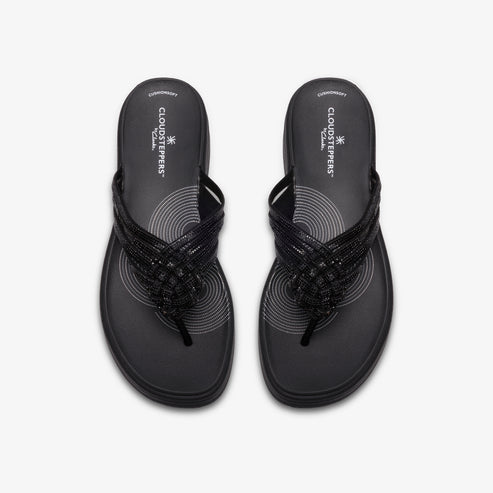 Pair of black thong sandals with interwoven straps.