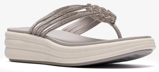 A gray sandal with a thick white sole, adorned with woven straps.