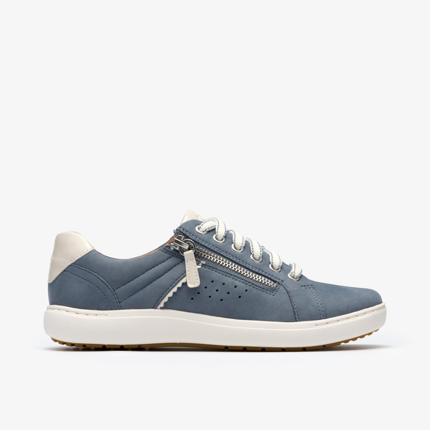 Low-top blue sneaker with side zipper and white laces.