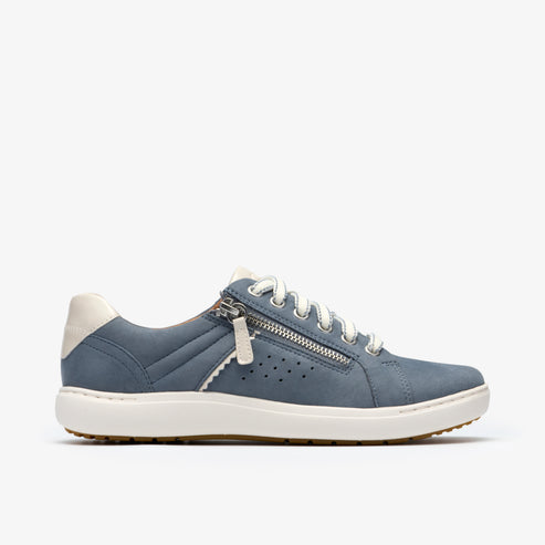 Low-top blue sneaker with side zipper and white laces.