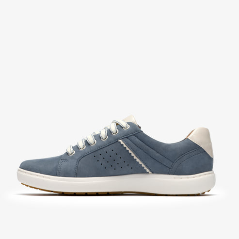 Blue casual shoe with white laces and sole.