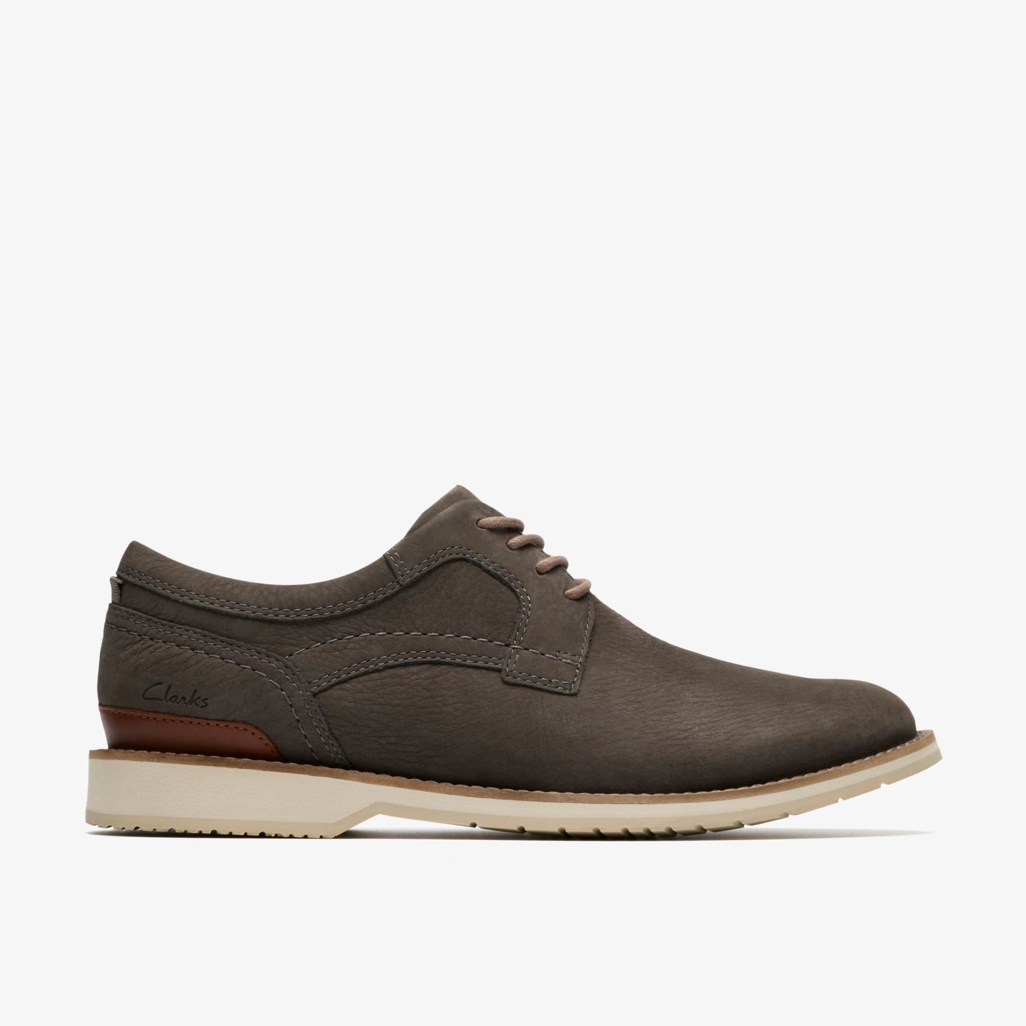 Olive-colored derby shoe with a light-colored sole and laces.