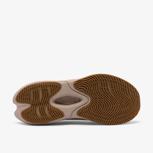 Shoe sole with brown wave pattern and CLARKS logo.
