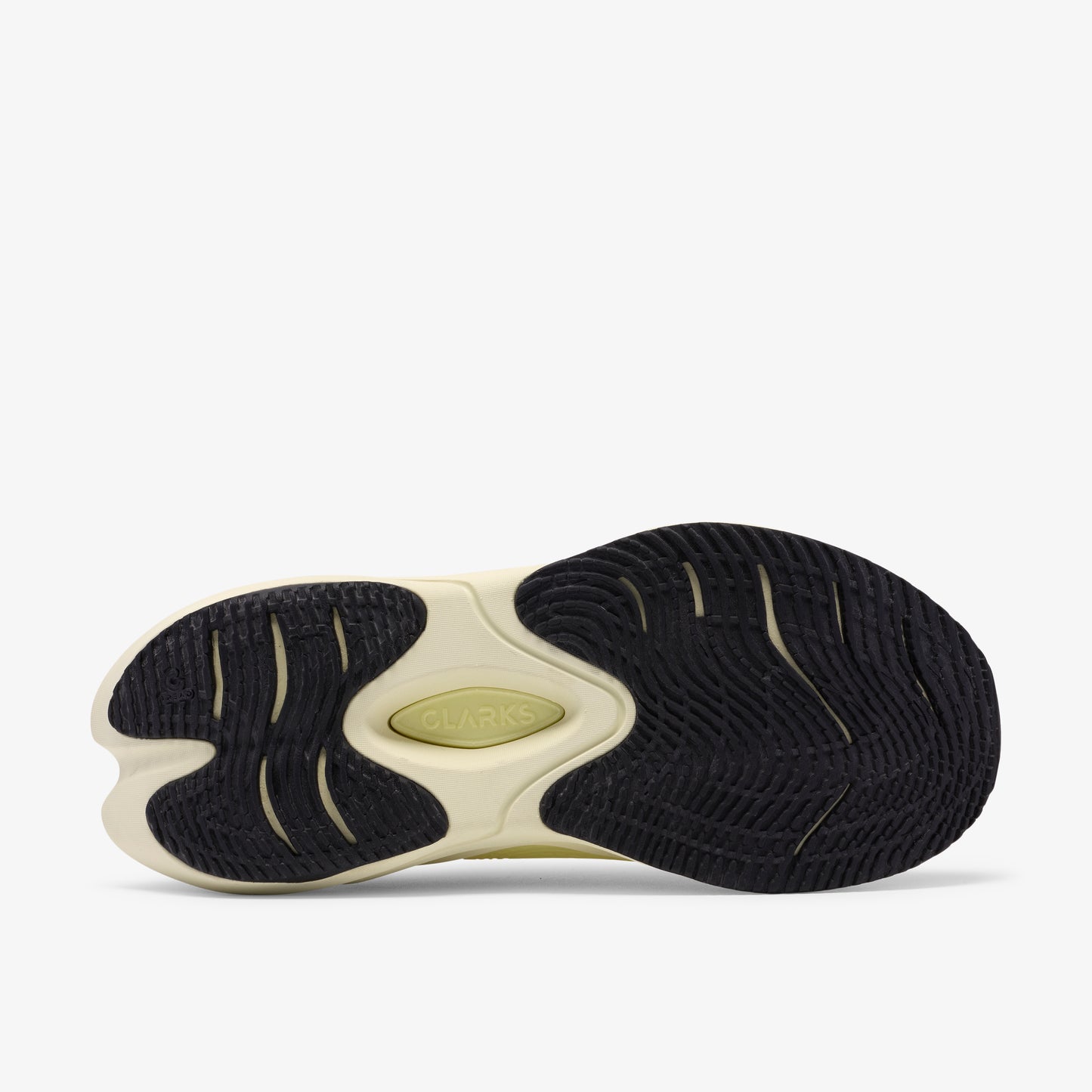 Shoe sole with black and beige tread.