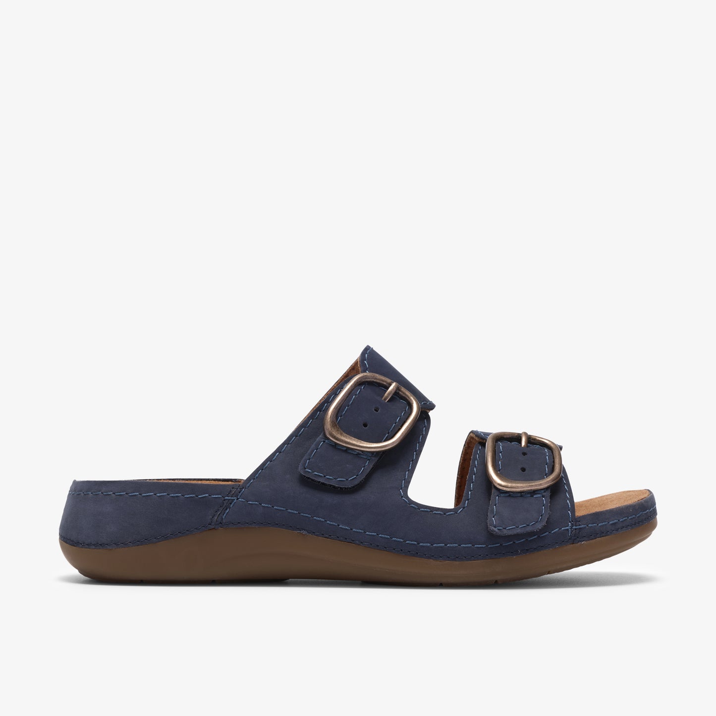 Blue sandal with two straps and gold buckles.
