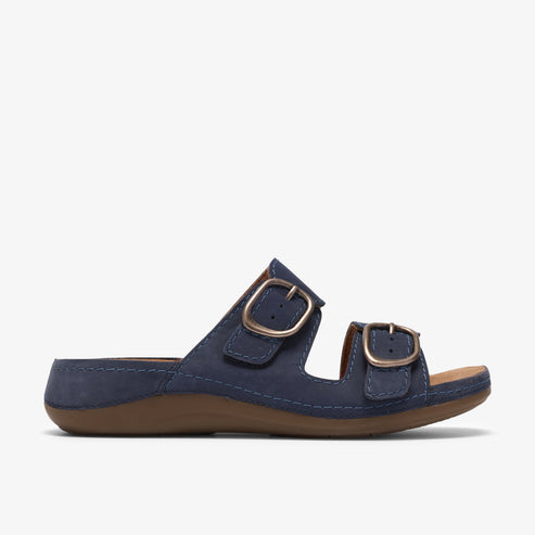 Blue sandal with two straps and gold buckles.