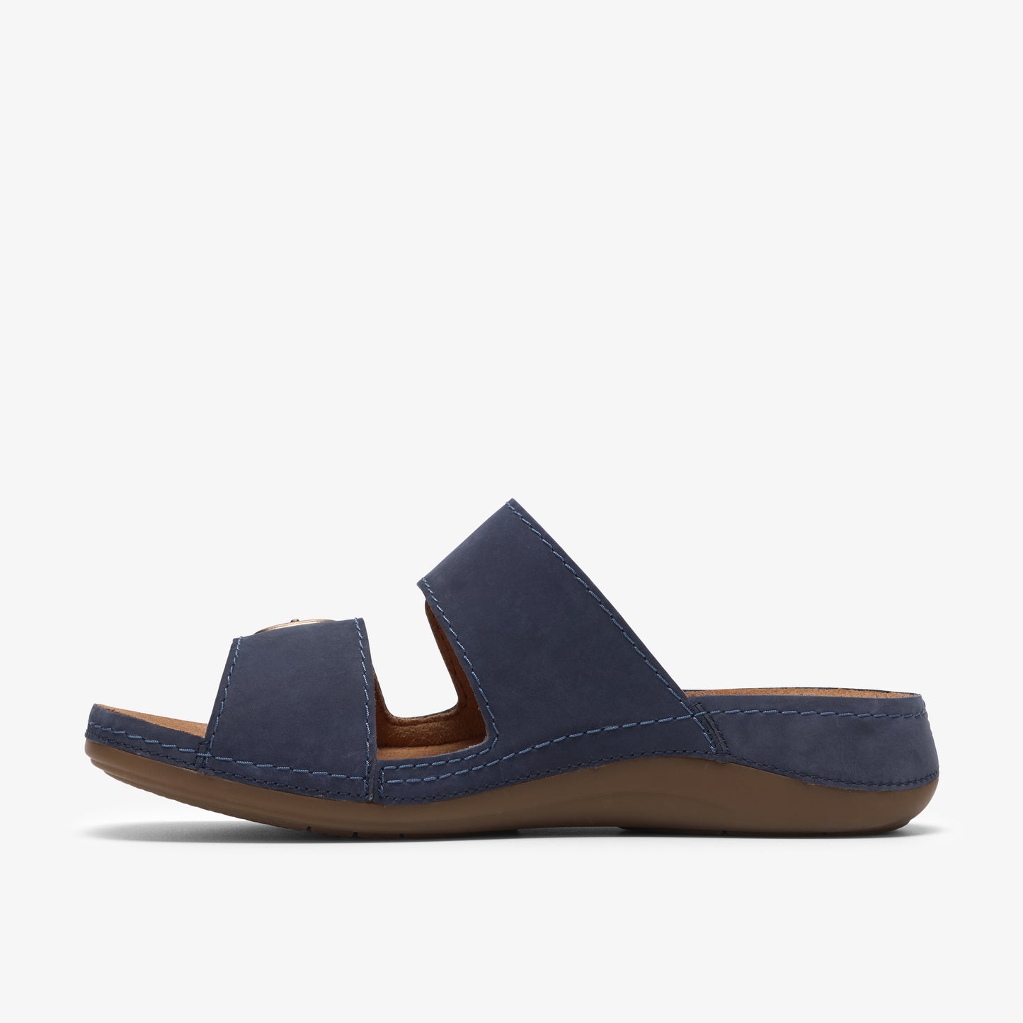 Side view of navy blue slide sandal with two straps.
