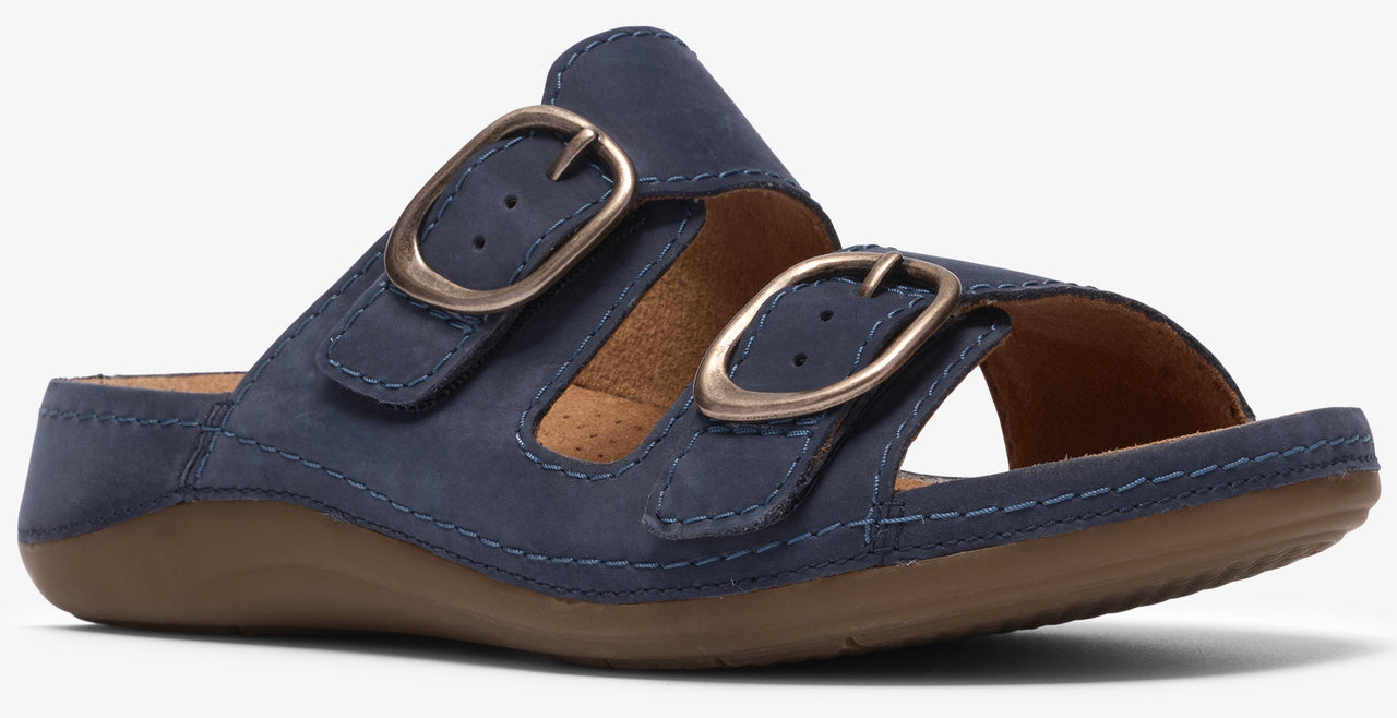 Navy blue sandal slide with two straps and gold colored buckles.