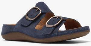 Navy blue sandal slide with two straps and gold colored buckles.